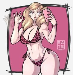 1girls animal_print ann_takamaki big_breasts bikini blonde_female blonde_hair breasts fellatio_gesture female female_only hourglass_figure large_breasts leopard leopard_print megami_tensei persona persona_5 phone pink_panties rathart tattoo twintails white_skin wide_hips