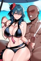 1boy 1boy1girl ai_generated ass bald_man beach big_ass big_breasts big_penis black_bikini black_male_white_female blush blushing_at_partner byleth_(female)_(summer)_(fire_emblem) byleth_(fire_emblem) byleth_(fire_emblem)_(female) byleth_(summer)_(fire_emblem)_(female) child_bearing_hips cumming_from_handjob dark-skinned_male dark_skin dat_ass day dragon_girl dragon_humanoid ejaculation falling_in_love fat_ass female fire_emblem fire_emblem:_three_houses fire_emblem_heroes flower_in_hair green_eyes green_hair handjob head_accessory huge_ass human human_female interracial large_ass large_breasts light-skinned_female light_skin long_hair loves_it male male/female manakete outdoors pawg sitting_on_lap stroking_cock stroking_penis sweat thick thick_ass thick_thighs wide_hips yojorock