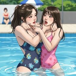 2girls ai_generated catfight choking fight fighting grabbing holding original original_characters pool swimming_pool swimsuit swimwear water wrestling yuri