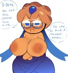 1girls big_breasts big_hips blue_eyes blueberry_pie_cookie blush breasts breasts_out brown_nipples cookie_run cookie_run_kingdom cookie_run_ovenbreak dialogue english_text female female_focus female_only flustered glasses insecure looking_at_viewer magpieredd older_female sweat talking_to_viewer text undressing white_background