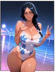 ai_generated bleach bleach:_the_thousand-year_blood_war braid cleavage fr34ky huge_breasts mature_female milf one-piece_swimsuit unohana_retsu