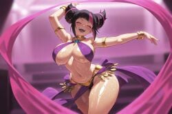 at big_breasts black_hair breasts dancer dancer_outfit exotic_dancer female female juri_han large_breasts looking makeup pink_eyes purple_eyes shiny_skin short_hair solo_focus street_fighter thick_thighs thighs viewer