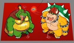 2021 anthro armband belly bodily_fluids bowser cape claws clothing collar crocodile crocodilian crown donkey_kong_(series) drooling duo erection genital_fluids genitals hair headgear hi_res horn humanoid_genitalia humanoid_penis hypnosis k_rool koopa leaking_precum male mario_bros mind_control muscular muscular_male navel nintendo open_mouth overweight overweight_male pendulum pendulum_swing penis precum pubes red_hair reptile saliva scalie sharp_teeth shell simple_background spiked_armband spiked_collar spiked_shell spikes spikes_(anatomy) spiral_eyes standing teeth wretchedpileofsecrets