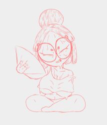 1girls angel boobs breasts closed_eyes fan female forehead glasses heat no_bra nomi_(otalewda) partially_clothed short_hair shortstack simple_background sketch starsfelloh sweat sweatdrop sweating underwear
