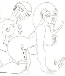 2girls ahe_gao all_fours breasts dragon_ball dragon_ball_z drawn female female_only freeza frieza genderswap humanoid interspecies majin majin_buu monochrome open_mouth rule_63 sketch solo tongue white_background yuri