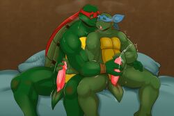 3_fingers animal_genitalia animal_penis anthro anus bed blush bodily_fluids brother_(lore) brothers_(lore) closed_eyes cum cumshot digital_media_(artwork) duo ejaculation erection fingers furniture genital_fluids genitals hand_on_penis handjob hi_res incest incest_(lore) leonardo leonardo_(tmnt) male male/male mask mask_only mishajeans muscular muscular_anthro muscular_male mutual_handjob mutual_masturbation nude on_bed open_mouth orgasm orgasm_face penile penis pillow raphael raphael_(tmnt) reptile scalie sex shell sibling_(lore) simple_background sitting slit_penis spread_legs spreading sweat sweatdrop tail teenage_mutant_ninja_turtles tmnt_1987 tmnt_2003 turtle