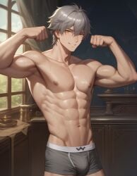 1boy abs ai_generated bara bsky_link caelus_(honkai:_star_rail) dvxxxgrai flexing grey_hair grey_male_underwear grey_underwear honkai:_star_rail male_focus male_only male_underwear muscular muscular_male navel nipples nude pixai pony_diffusion_xl smile solo standing tagme topless topless_male twitter twitter_link underwear underwear_only