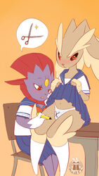 blush brown_fur clothes color female female_only fur furry furry_ears interspecies long_ears lopunny marker multiple_females nintendo open_eyes panties pokemon pokemon_(species) red_eyes sailor_outfit sitting skirt skirt_lift tear underwear weavile