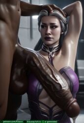 1boy 1girls absurdly_large_cock ai_generated armpit armpit_fetish bbc cleavage clothed_female_nude_male curious head_grab horny_female huge_cock impossible_fit in_love_with_cock interracial kisuco looking_at_another looking_at_partner milf mortal_kombat mortal_kombat_1_(2023) purple_lipstick shiny_skin sindel size_difference taller_male voluptuous_female white_hair