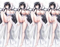 after_sex ahe_gao antlers azur_lane barefoot bed_sheet black_hair body_writing breasts bukkake cleavage clothes_pull commentary_request cum cum_in_pussy cum_on_body cum_on_breasts cum_on_feet cum_on_hair cum_on_legs cum_on_stomach cum_overflow dakimakura_(medium) elbow_gloves facial flower from_above full_body gloves hair_spread_out highres horns huge_breasts indomitable_(azur_lane) k.t.cube looking_at_viewer lying multiple_views navel nipples nude on_back pussy rolling_eyes thighs tongue tongue_out