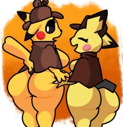 anthro ass big_ass big_breasts breasts bubble_butt detective_pikachu detective_pikachu_(series) huge_ass lewdewott pichu pikachu pokémon_(species) pokemon thighs yellow_body yellow_skin