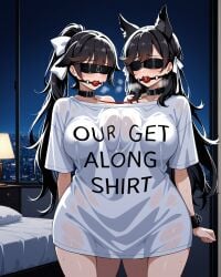 2girls ai_generated atago_(azur_lane) ball_gag bed bedroom black_hair blindfold blindfolded blush breast_press breasts clothes_writing collar covered_breasts covered_nipples cuffs english_text gag gagged get_along_shirt hair_between_eyes hair_ribbon hands_behind_back heroine_in_trouble indoors large_breasts linked_collar long_hair meme meme_clothing multiple_girls night notreallyhere oversized_clothes oversized_shirt ponytail saliva sisters standing sweat takao_(azur_lane) wolf_ears wolf_girl