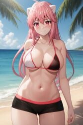 1girl ahoge ai_generated bangs bare_arms bare_shoulders beach bikini black_bikini black_shorts blue_sky blush breasts cameltoe clavicle cleavage closed_mouth clothing cloud cloudy_sky day elfen_lied eyebrows_visible_through_hair female female_only hair_between_eyes halterneck horizon horns large_breasts long_hair looking_at_viewer lucy_(elfen_lied) midriff navel ocean original outdoors palm_tree pink_eyes pink_hair red_eyes red_trim rena_aikawa_(pixiv_user) sand shore short_shorts shorts sidelocks skindentation sky smile solo standing stomach string_bikini sunlight swimsuit thigh_gap thighs tree two_tone_bikini very_long_hair water white_bikini