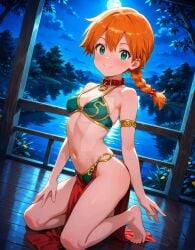 2000s 2000s_and_2010s_style 2010s 2d 2d_(artwork) 2d_artwork 90s ai ai_art ai_generated anime anime_style bare_arms bare_legs bare_midriff bare_shoulders bare_thighs barefoot belly_button belly_dancer belly_dancer_outfit bikini bikini_top blush blushing_at_viewer bracelet collar crossover crossover_cosplay eyelashes forest forest_background ginger ginger_hair gold_(metal) gold_bracelets gold_collar gold_hair_ornament gold_jewelry golden_bracelets golden_collar golden_hair_ornaments green_bikini green_bikini_top green_bra green_eyes hair_ornament harem_girl harem_outfit kasumi_(pokemon) lake lakeside light-skinned_female light_skin loincloth looking_at_viewer metal_bra metal_bracelet metal_collar midriff moon moonlight navel night night_sky pokemon pokemon_(anime) pokemon_anime ponytail red_loincloth short_hair slave slave_bikini slave_collar slave_leia slave_leia_(cosplay) slave_outfit slavegirl star_wars stars thick_thighs trees