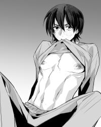 bite_mark blush gintama greyscale looking_at_viewer male male_only monochrome nipples pecs shirt_in_mouth shirt_lift shirt_up solo toned toned_male tsuduki_owari yamazaki_sagaru