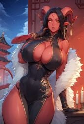 ai_eyes ai_generated china_dress civitai pinup red_skin tiefling_girl unholyreaper yellow_eyes