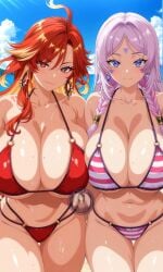 2girls ai_generated bikini breasts citlali_(genshin_impact) female female_focus female_only genshin_impact large_breasts light-skinned_female light_skin looking_at_viewer mature_female mavuika_(genshin_impact) natlan_girls shaman shiny_skin swimsuit thick_thighs thighs wet wide_hips yuukiai