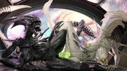 2girls alien alien_(franchise) alien_girl aliens breasts dildo double_sided_dildo female giantess kbbart kingbigballs milf nipple_piercing pussy vaginal_insertion yuri