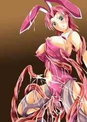 areolae blush breasts bunnysuit code_geass cum ejaculation erect_nipples female fishnets green_eyes huge_breasts kallen_stadtfeld lactation nipples pantyhose red_hair spread_legs tentacle tight_clothes torn_clothes torn_thighhighs