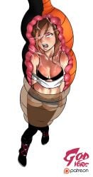 black_boots black_gloves bra_peek cell_(dragon_ball) crying_with_eyes_open curvy_female defeated_female dragon_ball dragon_ball_z female_focus flesh_tunnel godvore imminent_vore long_stockings oc ponytail shirt_down short_jeans tail_bulge tail_vore vore