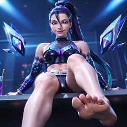 ai_generated eyeshadow foot_fetish foot_focus kai'sa kda league_of_legends makeup ponytail purple_eyes