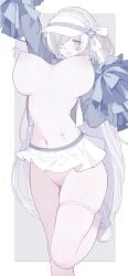 absurdres arm_up azur_lane blue_eyes bouncing_breasts braid breasts censored choker cleavage colored_nipples colored_skin commentary_request cropped_jacket female foot_out_of_frame grey_choker grey_jacket hair_ribbon heart highleg highleg_panties highres holding holding_pom_poms huge_breasts jacket large_variant_set londom_(lonhomewell) long_hair microskirt mosaic_censoring navel nipples open_clothes open_jacket open_mouth panties pom_pom_(cheerleading) revealing_clothes ribbon skindentation skirt solo standing standing_on_one_leg tb_(azur_lane) thigh_strap underwear variant_set very_long_hair white_hair white_nipples white_ribbon white_skin white_skirt white_sneakers white_theme