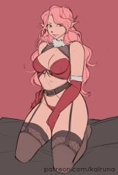 1girls artist_name belt bra elbow_gloves garter_straps gloves kalruna lingerie original panties patreon pink_hair pointy_ears red_bra red_gloves red_lingerie red_panties thighhighs