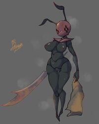 2025 4:5 absurd_res antennae_(anatomy) anthro areola armor arthropod bayonet_(artist) biped bodily_fluids breasts censor_bar female genitals god_tamer grey_background headgear helmet hi_res holding_melee_weapon holding_object holding_weapon hollow_knight melee_weapon nipples nude pussy signature simple_background solo standing sweat sweatdrop team_cherry uncensored weapon