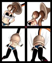 black_boots black_gloves bra_peek cell_(dragon_ball) curvy_female dragon_ball dragon_ball_z female_focus godvore imminent_vore long_stockings oc ponytail shirt_down short_jeans tail_vore