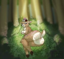 absurd_res anthro deer female flower flower_crown forest forest_background genitals grass hi_res light light_beam mammal nature nature_background nude nude_anthro nude_female plant smile solo solo_focus sparkles sunbeam sunlight tree trinitynight watermark