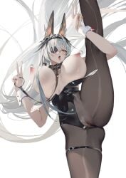 1girls absurdly_long_hair absurdres animal_ears azur_lane black_leotard breasts breasts_out clothing_aside double_v dusk_(4435) eyepatch fake_animal_ears female flexible fritz_rumey_(azur_lane) fritz_rumey_(schwarzes_kaninchen)_(azur_lane) highres holding_own_leg huge_breasts leg_lift leotard leotard_aside long_hair looking_at_viewer nipple_piercing nipples official_alternate_costume open_mouth pantyhose piercing playboy_bunny pussy_piercing red_eyes solo split standing standing_on_one_leg standing_split thigh_strap tongue tongue_out v very_long_hair white_wrist_cuffs wrist_cuffs