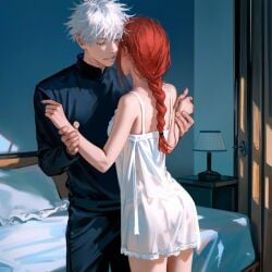 1boy 1girls ai_generated arm_grab bedroom chainsaw_man company_connection crossover crossover_pairing gojo_satoru gojou_satoru jujutsu_kaisen light_skin makima_(chainsaw_man) nightgown red_hair satoru_gojo suggestive white_hair