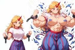 1girls abs ai_generated blonde_hair breasts female horn hoshiguma_yuugi large_breasts long_hair muscles muscular muscular_female muscular_thighs oni red_eyes solo solo_female thighs touhou