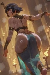 ai_generated ass back_muscles back_view belly_dancer belly_dancer_outfit big_ass black_hair bleach bleach:_the_thousand-year_blood_war blush clothed egyptian fat_ass female female_only gold_jewelry gray_eyes harem_girl harem_outfit jewelry looking_back muscular muscular_female shexyo soifon sweat thick_thighs thighs wide_hips