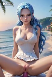 1girls ai_generated anal anal_insertion anal_masturbation anal_object_insertion artist_name bare_shoulders beach blue_hair breasts brown_eyes cleavage clothing collarbone day dildo dildo_in_ass dildo_insertion dress earrings female female_only hi_res jewelry large_breasts lips long_hair looking_at_viewer nefertari_vivi object_insertion ocean one_piece outdoors parted_lips patreon_username pleated_dress pleated_skirt pussy r34arts sex_toy sitting skirt solo spread_legs tattoo twitter_logo uncensored water watermark wavy_hair web_address white_dress white_skirt