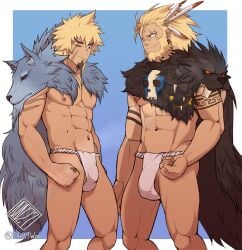 0027woo 2boys abs ass_visible_through_thighs bara beard biceps big_areola blonde_hair blue_background blue_eyes brother brothers brown_hair bulge bulge_through_clothing bwanga cape clenched_hand dungeon_and_fighter dungeon_fighter_online dyed_hair earrings feather_hair_ornament fundoshi fur fur_coat gay goatee hand_on_thigh hi_res looking_at_another looking_down manly mature_male medium_hair multicolored_hair muscles muscular muscular_arms muscular_legs muscular_male muscular_thighs navel no_body_hair orca_(dungeon_and_fighter) pecs red_eyes rokushaku_fundoshi scar scar_across_eye scar_on_arm scar_on_face scar_on_nose short_hair sideburns six_pack skull smile spiky_hair standing tattoo tattoo_on_arm topless tough_guy two_tone_hair very_high_resolution white_border white_fundoshi wolf_skin yaoi