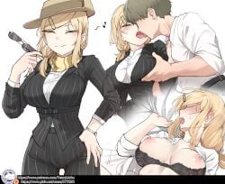 aviator_sunglasses blonde_female blonde_hair blush breasts_out closed_eyes drooling foreshadowing grabbing_pillow hands_on_breasts hat huge_breasts juxtaposition k0ng kissing merc-san_(k0ng) scarf smile straight suit tits_out watch