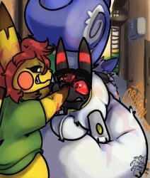 3_toes ambiguous_gender anal anal_vore anthro balls belly black_sclera blue_body blue_fur clothing eeveelution eyewear eyewear_on_head fan_character feet feral fishwithnoeyes fur generation_2_pokemon generation_4_pokemon genitals groan groaning_belly group hair hi_res lance_(fishwithnoeyes) male male/male nintendo onomatopoeia pachirisu partially_inside penetration pikahcu pokemon pokemon_(species) pushing_head pushing_in red_hair red_sclera shirt signature smile sound_effects sunglasses sunglasses_on_head tail text toes topwear trio umbreon vore white_body white_fur