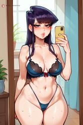 1girls absurd_res absurdres ai_generated curvy hi_res high_resolution highres komi-san_wa_komyushou_desu komi_shouko medium_breasts minjad mirror mirror_selfie nervous nudes_on_phone purple_eyes purple_hair selfie stable_diffusion sweat thick_thighs thong underwear voluptuous wide_hips