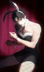 alternate_costume angry black_hair bunny_boy bunny_ears bunnysuit cigarette detached_collar fishnets fur_trim gintama handcuffs hijikata_toshiro looking_at_viewer male male_only male_playboy_bunny restrained smoking solo toned toned_male wrist_cuffs xxx1k