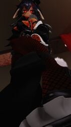 big_breasts black_hair bunnysuit dark_skin fishnet_pantyhose fishnets hat high_heels leash monocle nipple_bulge red_eyes selestia stockings stomping vrchat