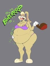 1girls 3_toes 4_fingers anthro areolae beastbizkit belly belly_grab belly_overhang big_belly blonde_hair bra burping chubby chubby_female collarbone digestion fat fat_female fat_folds female female_only flat_colors furry gloves grabbing_belly half-closed_eyes hips lola_bunny looney_tunes love_handles midriff motion_lines muffin_top navel onomatopoeia overweight overweight_female panties paws rabbit solo thong two_tone_body two_tone_fur vore_belly warner_brothers yellow_body yellow_fur