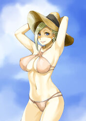 1girls artist_request bikini blonde_hair blue_eyes bra breasts clouds female female_only final_fantasy final_fantasy_xiv hair hat human hyur large_breasts minfilia nipples panties solo standing