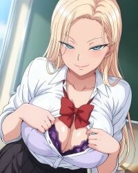 ai_generated blonde_hair blue_eyes eroero_waifus gigantic_breasts gyaru huge_breasts kurashiki_reina light-skinned_female light_skin long_hair looking_at_viewer massive_breasts saimin_seishidou school_uniform schoolgirl seductive_eyes seductive_smile smiling solo_female squatting sweat sweatdrop thick_body thick_female voluptuous voluptuous_female