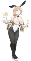 alcohol blonde_female blonde_hair bunny_ears bunny_girl bunny_tail bunnysuit busty busty_female champagne closed_eyes high_heels hourglass_figure huge_breasts k0ng light-skinned_female merc-san_(k0ng) smiling thighhighs tray