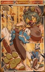 2_horns 4_toes abs absurd_res anklet anthro armlet big_breasts blue_body blue_eyes blue_pawpads blue_penis bodily_fluids bracelet breasts brown_body brown_fur claws clothing cock_vore collar cum cumshot dark_nipples dark_penis disembodied_foot dragon dripping duo ear_piercing egyptian egyptian_clothing ejaculation english_text erection eyeshadow eyewear feet foot_fetish foot_play footjob fur genital_fluids genitals glasses gold_(metal) gold_anklet gold_armlet gold_bracelet gold_collar gold_glasses gold_jewelry gold_piercing gold_ring green_eyes green_hair green_pawpads green_tail grin gynomorph hair heart_symbol hi_res horn hyena intersex intersex/male jewelry leaf leaf_tail looking_at_genitalia looking_at_penis makeup male mammal metal_collar multicolored_body multicolored_fur muscular muscular_intersex mythological_creature mythological_scalie mythology navel oushin pawpads pea4thefre2h peacheart_(character) penile penis piercing precum precum_drip ring round_glasses scalie sex smelly smile soles spiked_tail spikes spikes_(anatomy) tail tattoo text throbbing throbbing_penis toes tongue tongue_out twitching two_tone_body usekh vore white_body