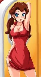 2008 arm_up armpit big_breasts breasts brown_hair cleavage mario_(series) mario_vs._donkey_kong nintendo nipple_bulge pauline red_dress sigurdhosenfeld sleeveless_dress widow's_peak