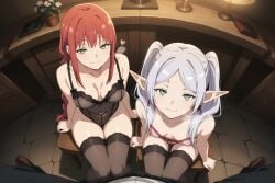 2girls ai_assisted ai_generated big_breasts blush breasts chainsaw_man crossover elf frieren frieren_beyond_journey's_end lingerie lips lipstick looking_at_viewer makima_(chainsaw_man) mirageart parted_lips pov red_eyes ringed_eyes small_breasts smile sousou_no_frieren