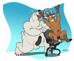 2022 anthro antlers balls bear black_penis bodily_fluids chair claws closed_eyes cloven_hooves deer drooling duo erection furniture genitals hi_res hooves horn humanoid_genitalia humanoid_penis intelligence_loss male mammal nude office_chair open_mouth open_smile penis polar_bear saliva sharp_teeth simple_background smile spiral spiral_eyes taztaroth teeth toe_claws tongue tongue_out ursine wretchedpileofsecrets