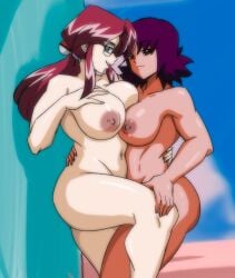 2girls areola areolae big_breasts blue_eyes boobs breasts darwaarts female female/female glasses light-skinned_female light_skin lorelei_(pokemon) naked naked_female nipples nude nude_female philena_ivy pokeball pokemon pokemon_(anime) ponytail professor_ivy_(pokemon_anime) purple_eyes purple_hair red_hair retro retro_artstyle tits voluptuous yuri